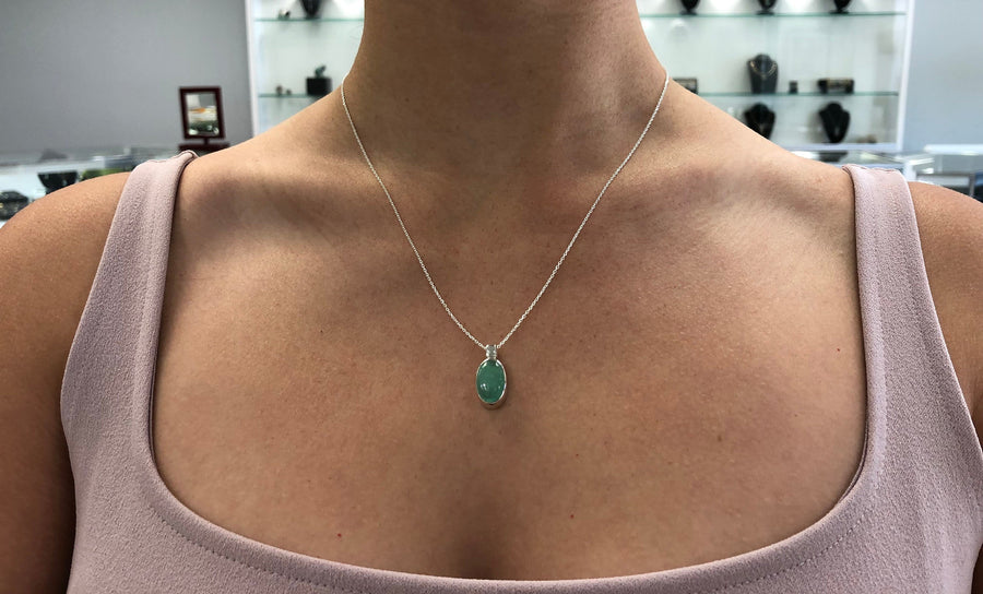 4.0cts Colombian Emerald Cabochon Solitaire Bezel Pendant Sterling Silver