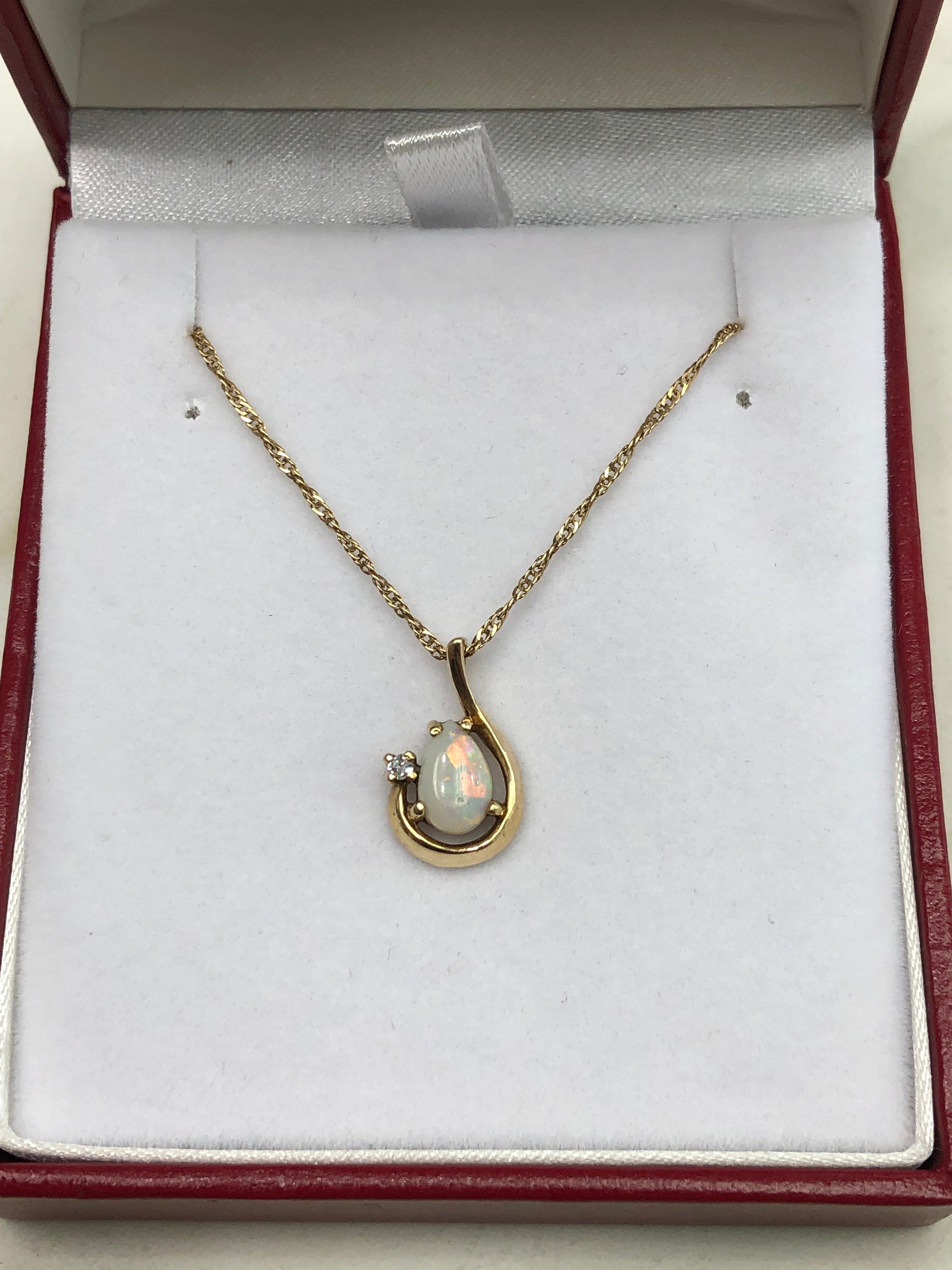  Gold Pendant Natural Opal, Natural Australian Crystal Opal Necklace, Opal Diamond Pendant 14K