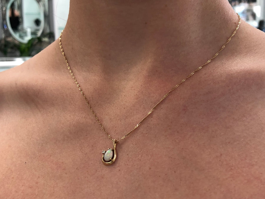  Gold Pendant Natural Opal, Natural Australian Crystal Opal Necklace, Opal Diamond Pendant 14K