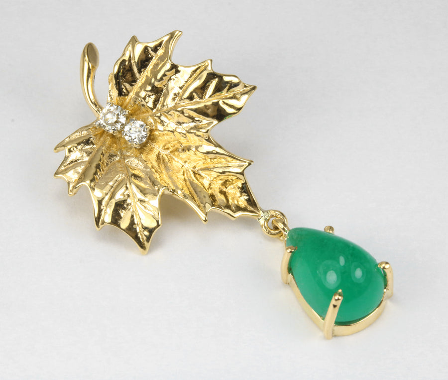 4.05tcw Maple Leaf Emerald & Diamond 14K Unique Drop Pendant