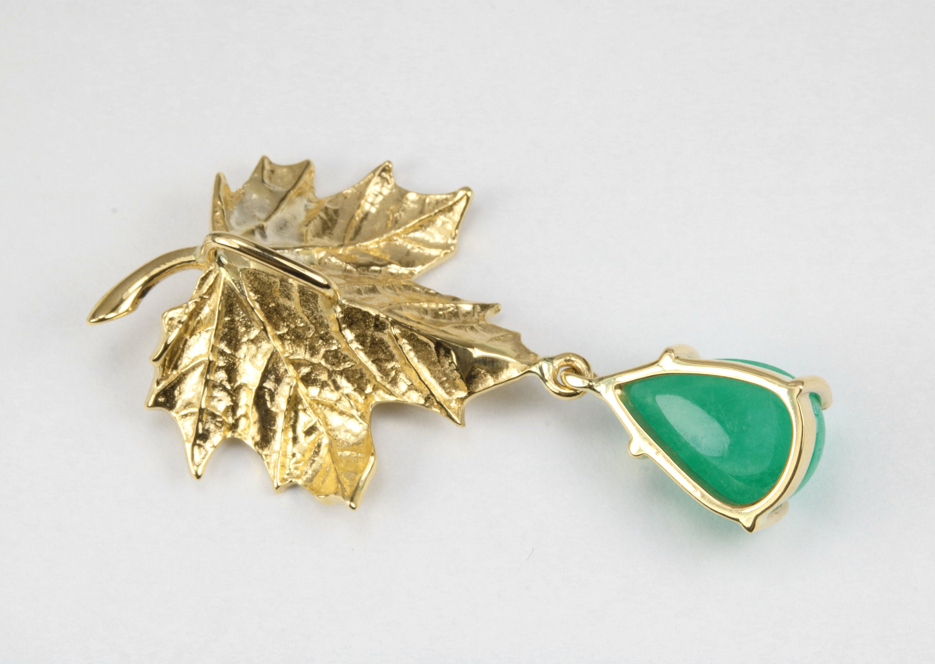 4.05tcw Maple Leaf Emerald & Diamond 14K Unique Drop Pendant