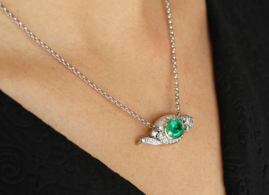  Vintage Emerald Necklace, Oval Emerald & Diamond Necklace, Vintage Emerald Diamond Necklace, Emerald Anniversary Gift, Gold 14K