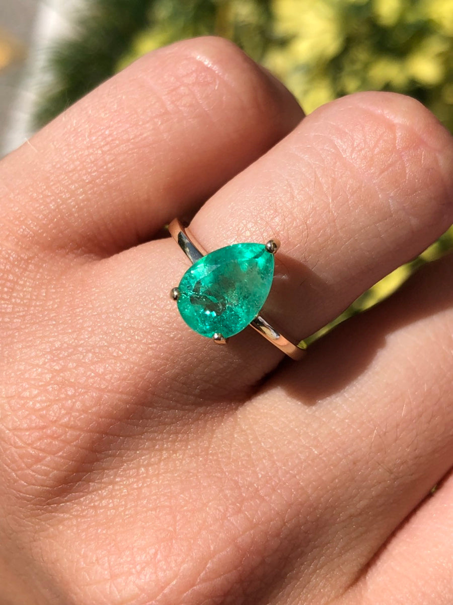 Solitaire Teardrop Colombian Emerald Three prong Engagement Ring 14K