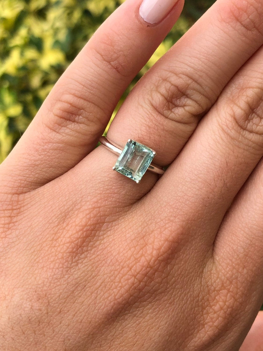 2.50 Carat Emerald Cut Colombian Emerald Solitaire Silver Engagement Ring