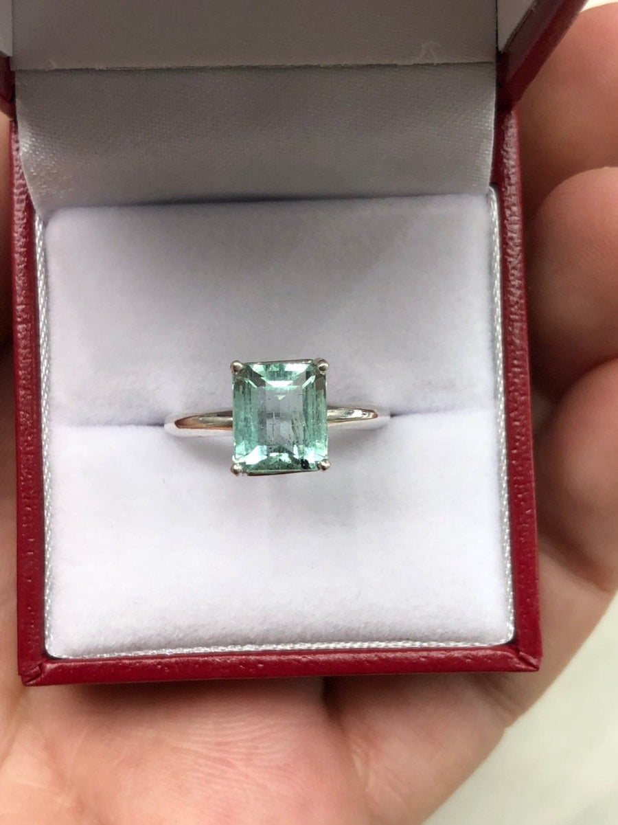 Emerald Cut Colombian Emerald Solitaire Silver Engagement Rings