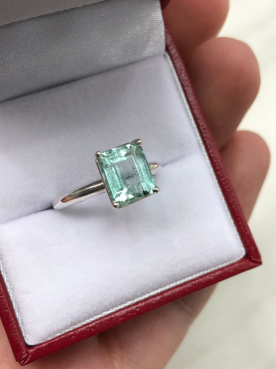 Emerald Cut Colombian Emerald Solitaire Silver Engagement Rings