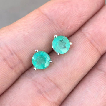6.5mm Round Emerald Martini Stud Silver Earrings