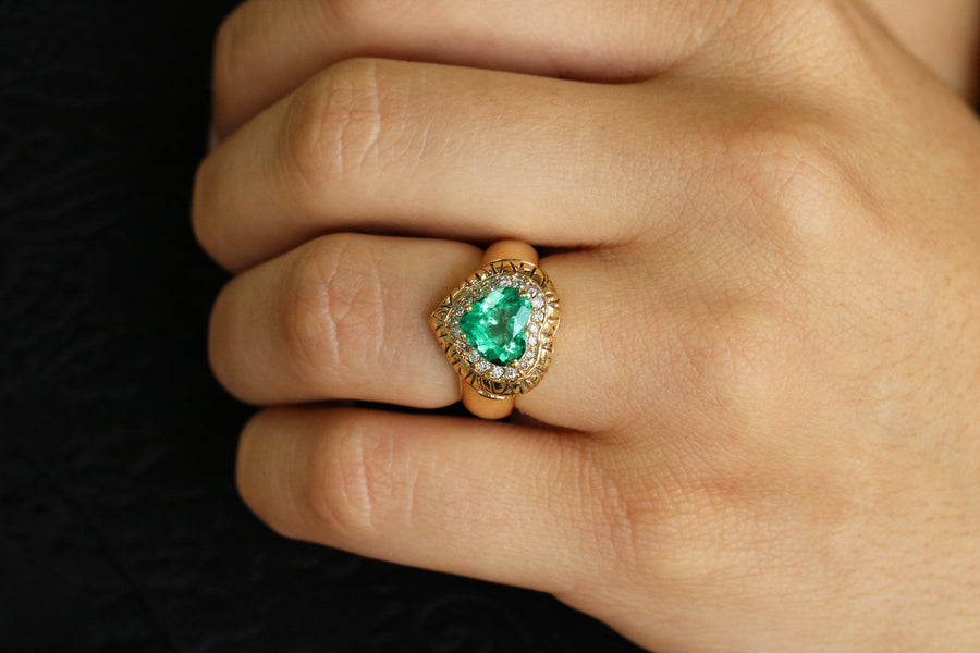 AAA+ Heart Emerald & Diamond 2.50tcw Enamel Bold Cocktail Ring 14K gift for her 