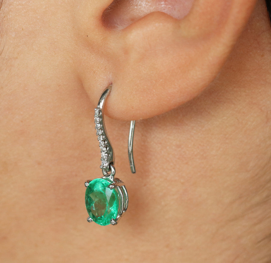 4.25tcw Emerald Oval & Diamond Dangle Hook Earrings 18K