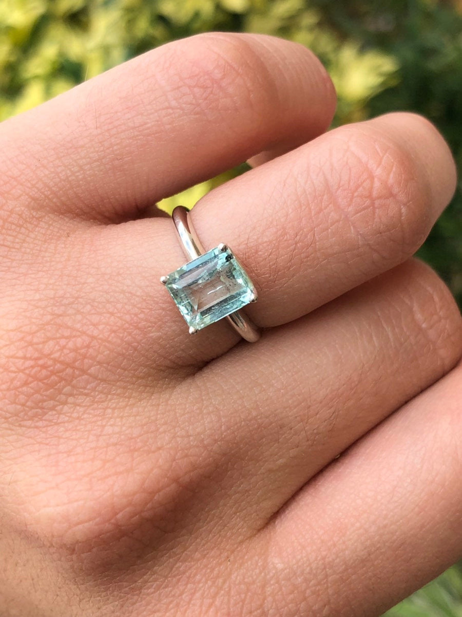 2.50 Carat Emerald Cut Colombian Emerald Solitaire Silver Engagement Ring