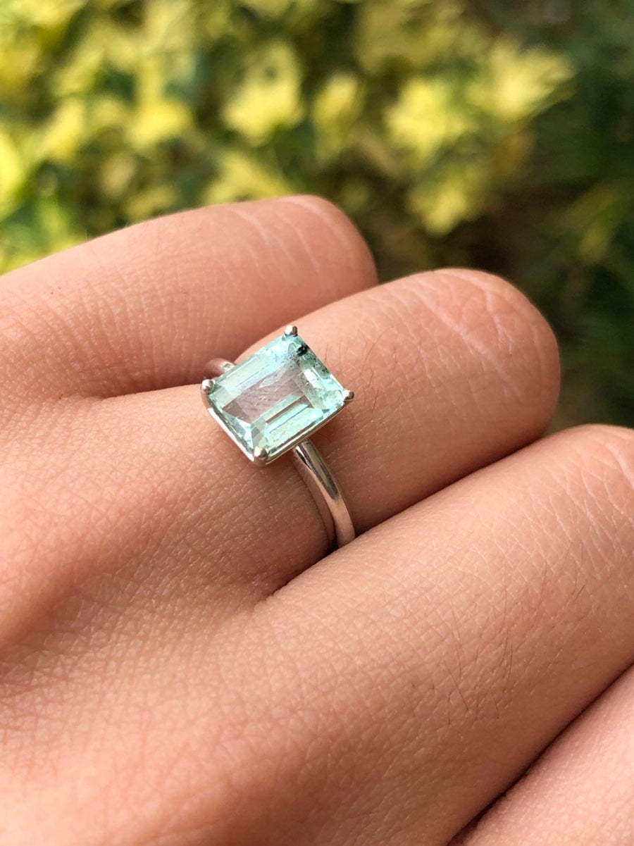 Emerald Cut Colombian Emerald Solitaire Silver Engagement Ring