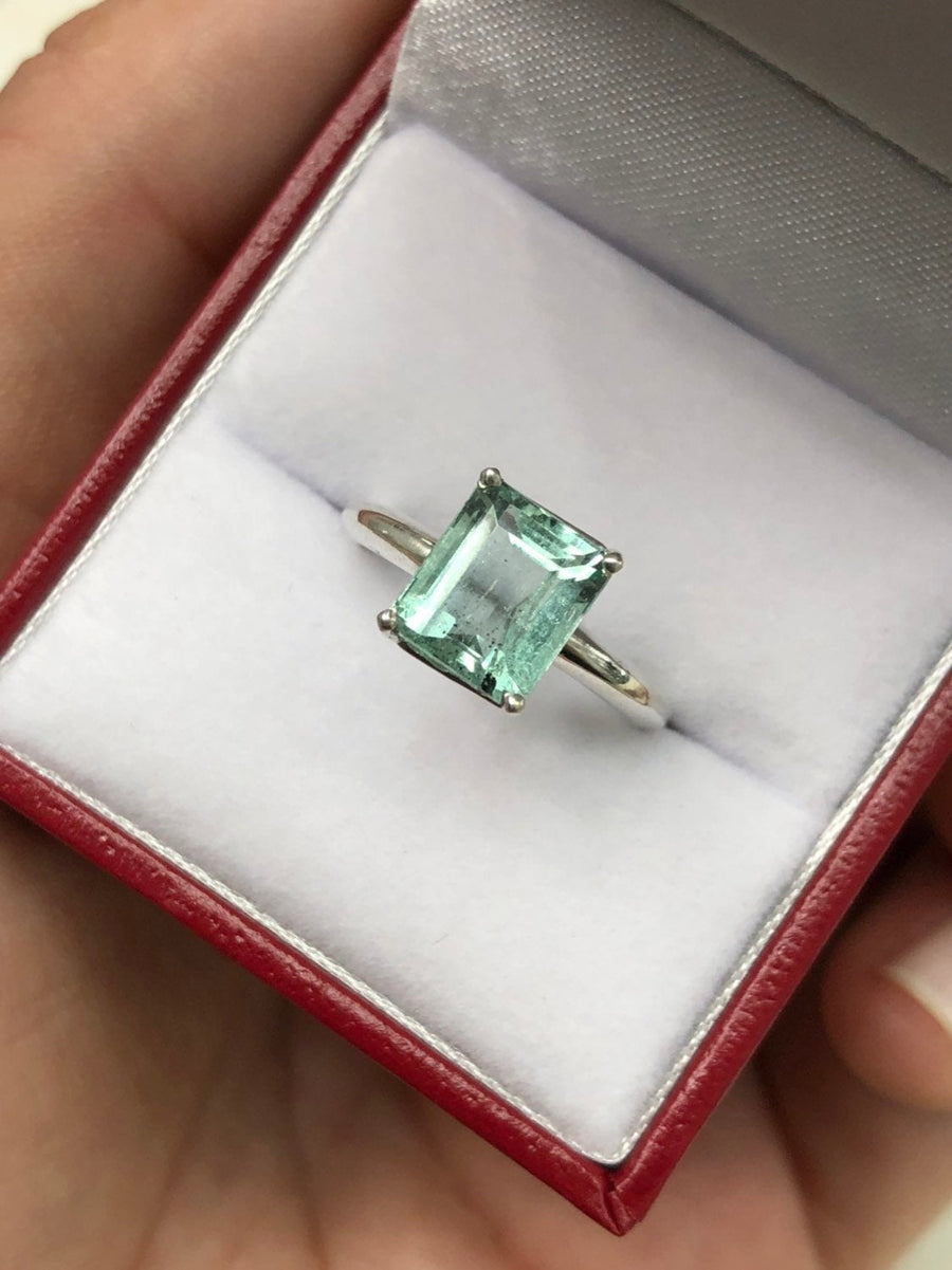 Emerald Cut Colombian Emerald Solitaire Silver Engagement Ring