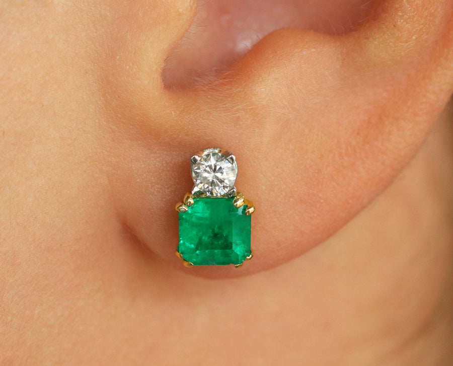 Two stone Dark Real Emerald & Round Diamond Accent Stud 18K Yellow Gift