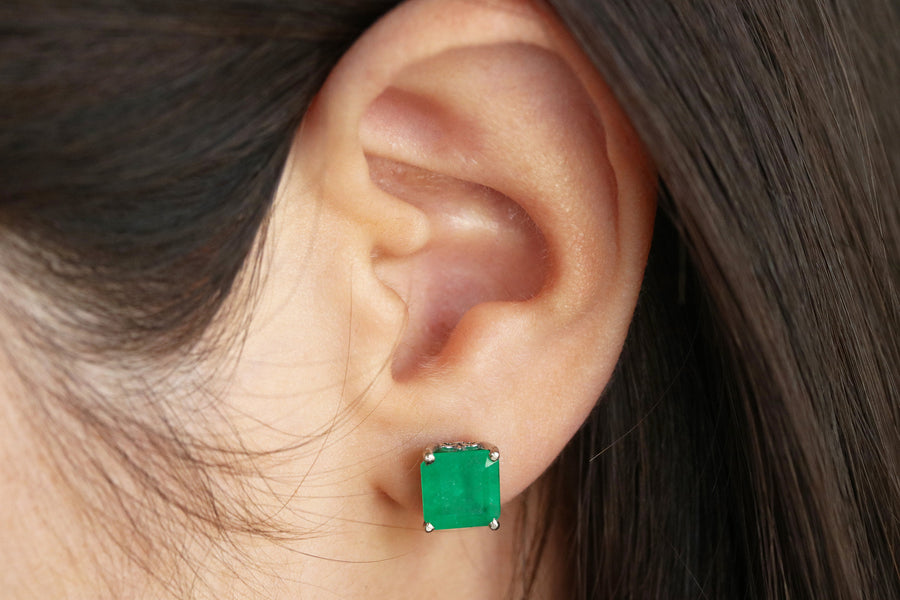 Apple Green Colombian Emerald Stud Earrings White Gold 14K