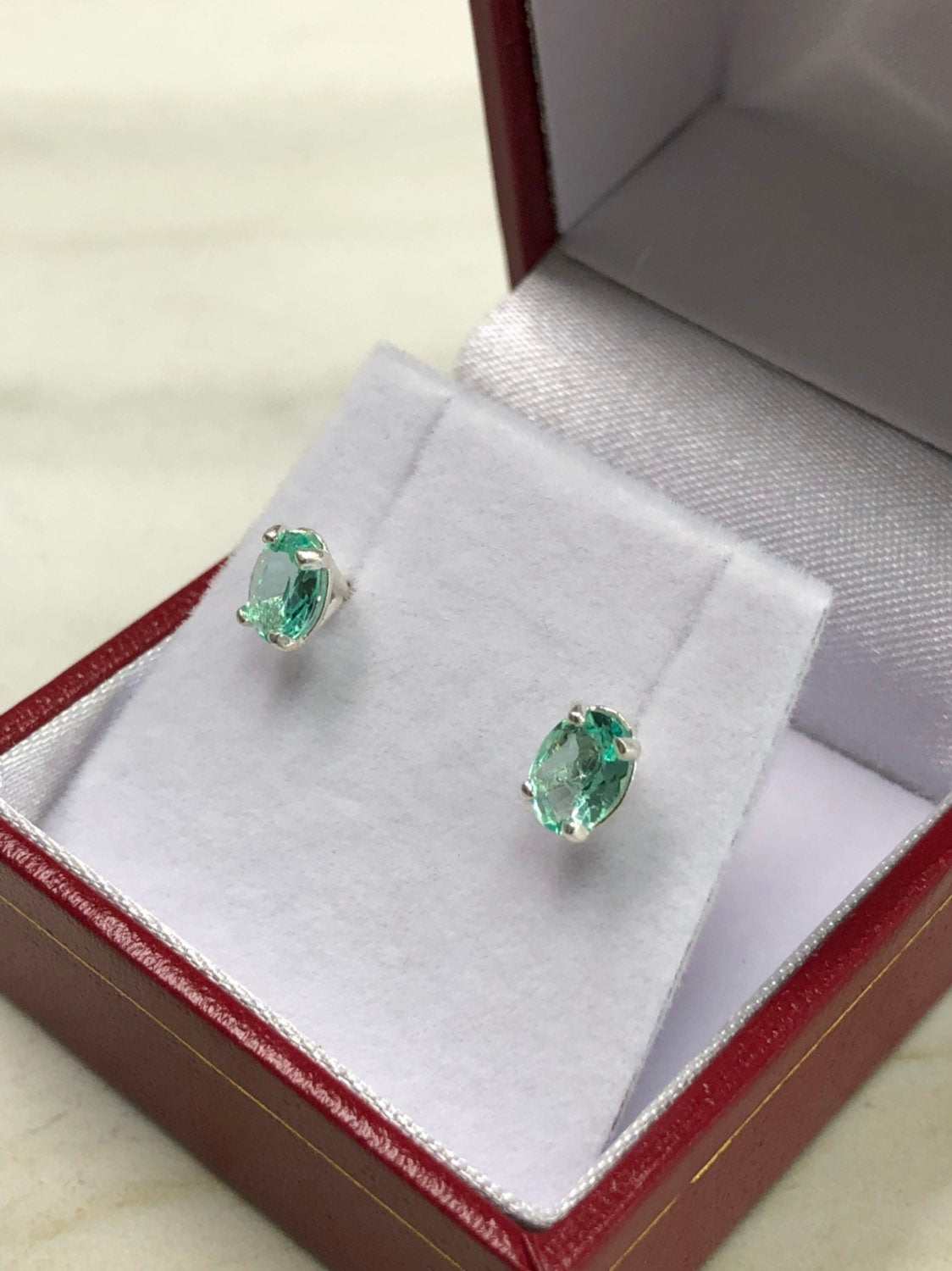 Oval shape Martini Emerald Sterling Silver Stud Earrings .925.