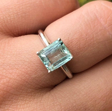 Emerald Cut Colombian Emerald Solitaire Silver Engagement Ring