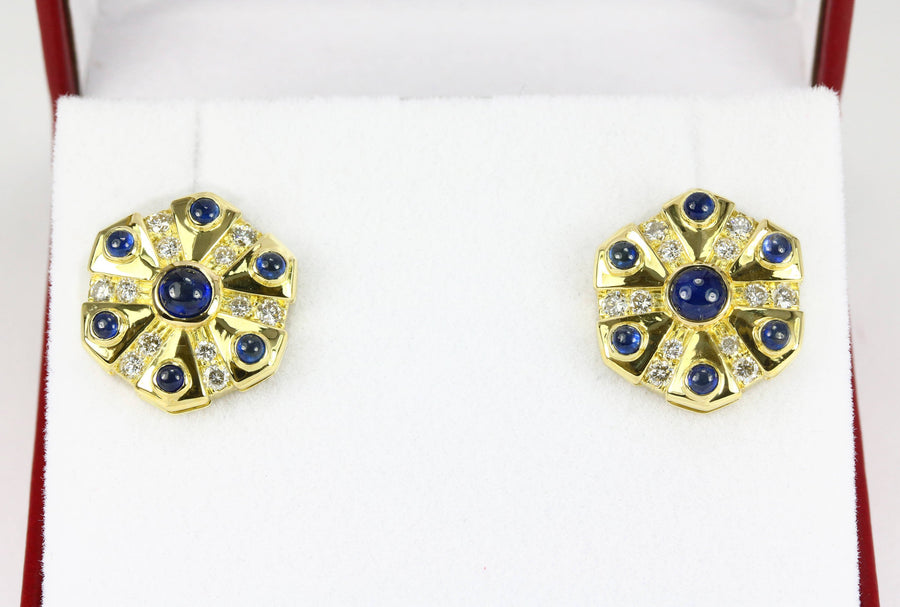 Sapphire Cabochon & Diamond Disc Earrings 18K