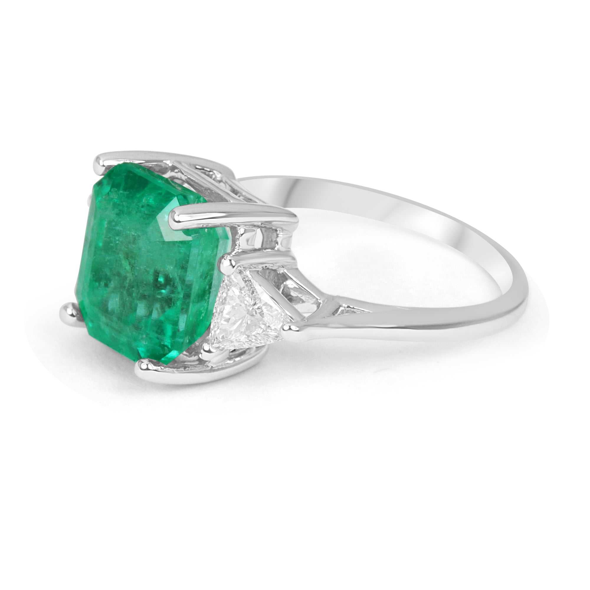5.80tcw Colombian Emerald & Diamond Trillion Three Stone Ring 18K - JR Colombian Emeralds
