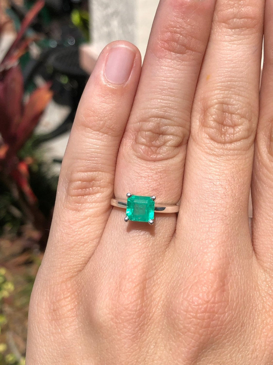 Emerald Cut Emerald Solitaire Silver Ring East to Wes
