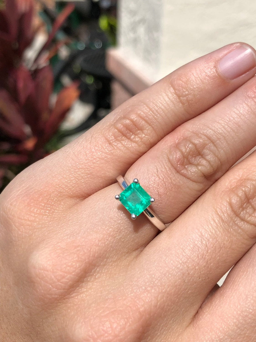 Natural Emerald Cut Emerald Solitaire Silver Ring East to West