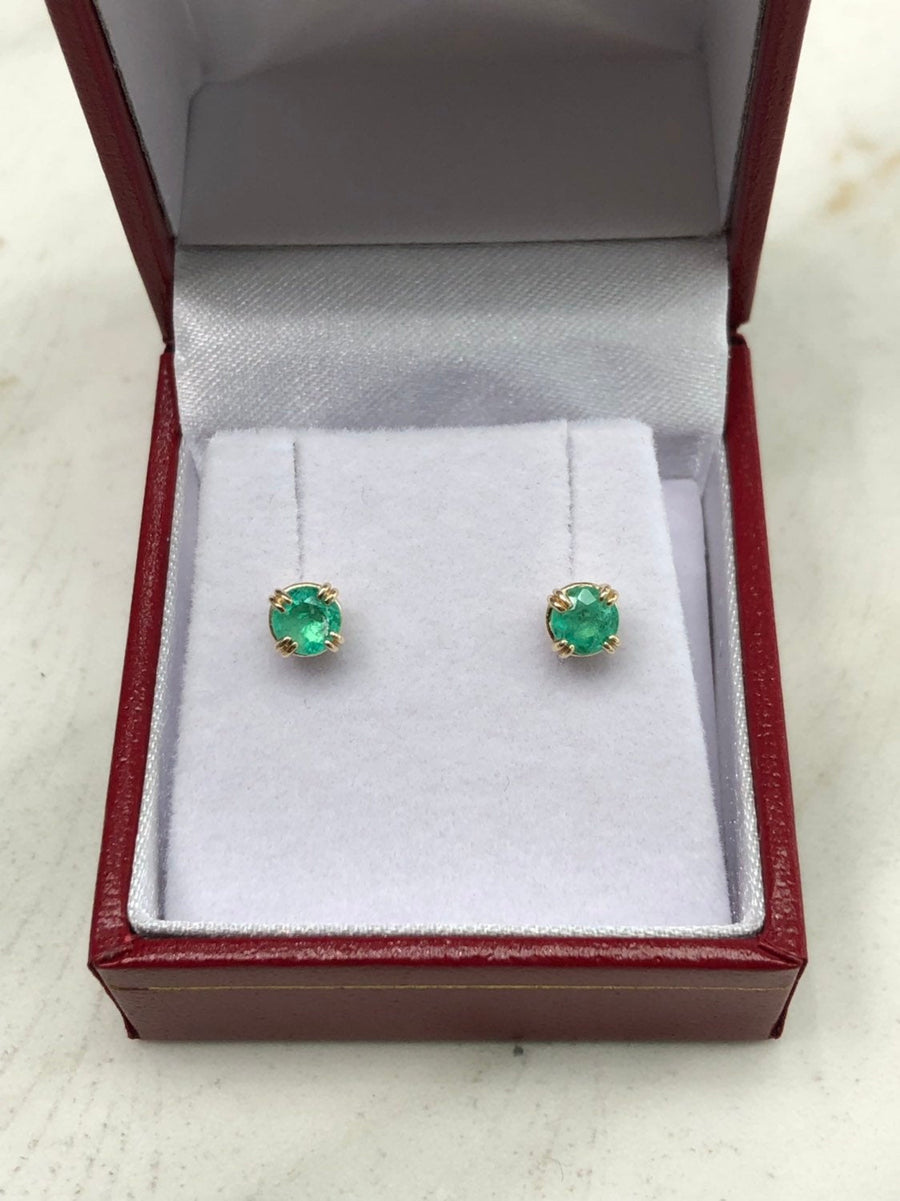 Carats Colombian Emerald Stud Earrings Round Cut 4.5 MM
