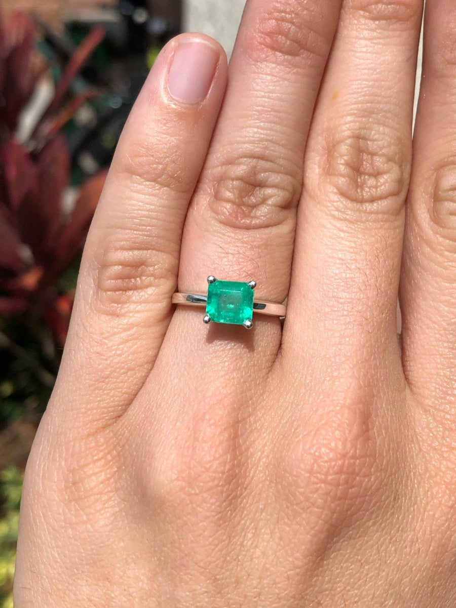 Natural Emerald Cut Emerald Solitaire Silver Ring East to Wes
