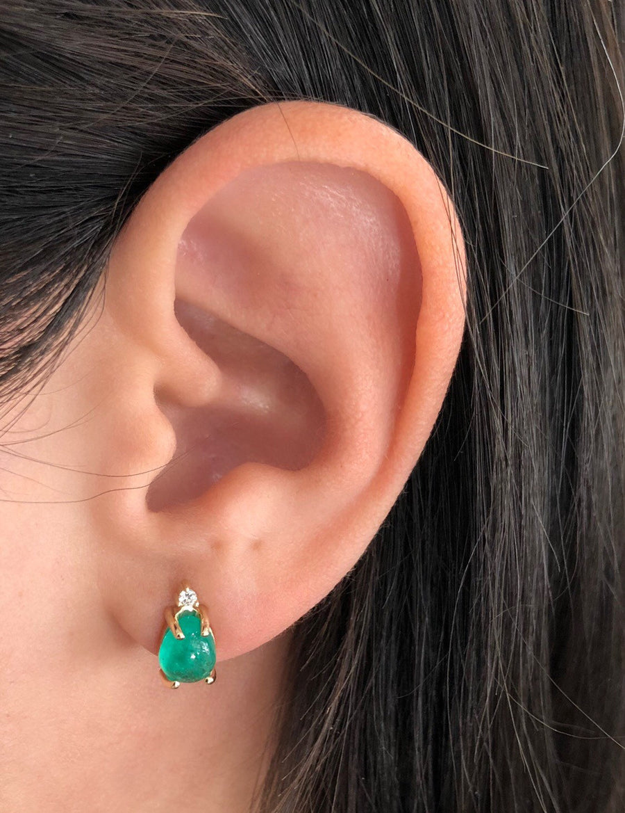 2.09tcw Cabochon Emerald & With Diamond Accent Stud Earrings 14K women