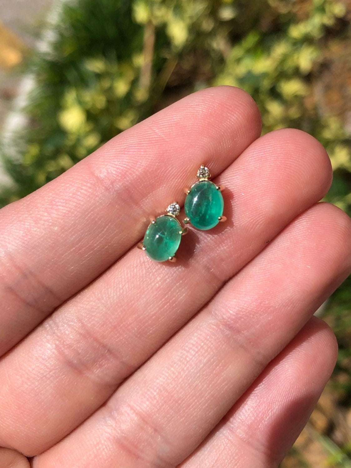 3.10tcw Cabochon Emerald & Diamond Stud Earrings 14K