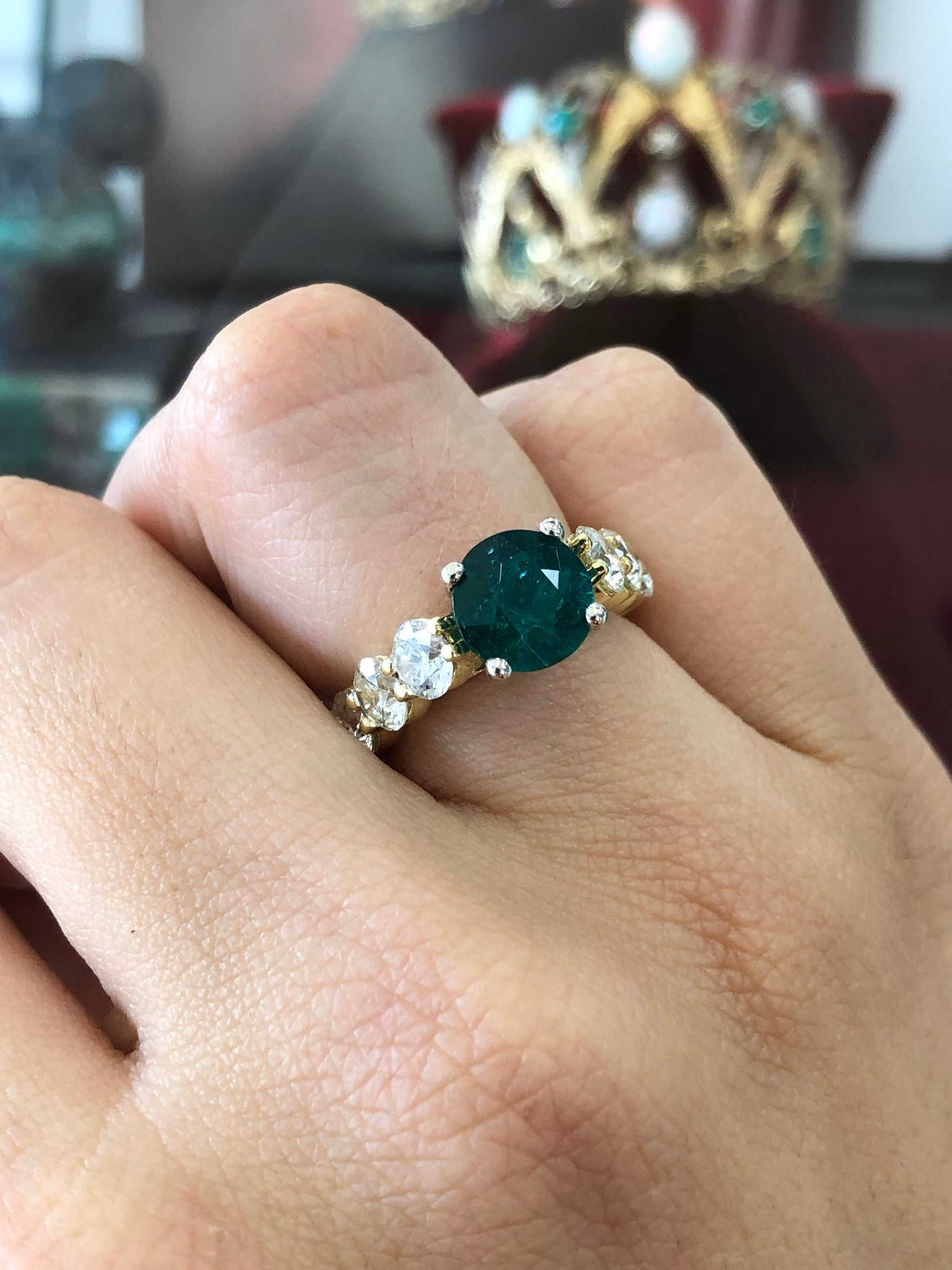 4.55tcw 18K Round Vivid Dark Green Emerald & Jumbo Diamond Accent Statement Ring