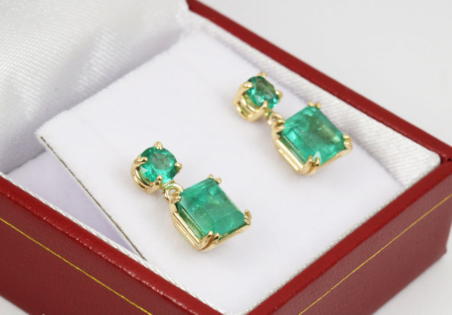 Natural 3.20 carat Rich Green Emerald Asscher and Round Dangle Stud gifts