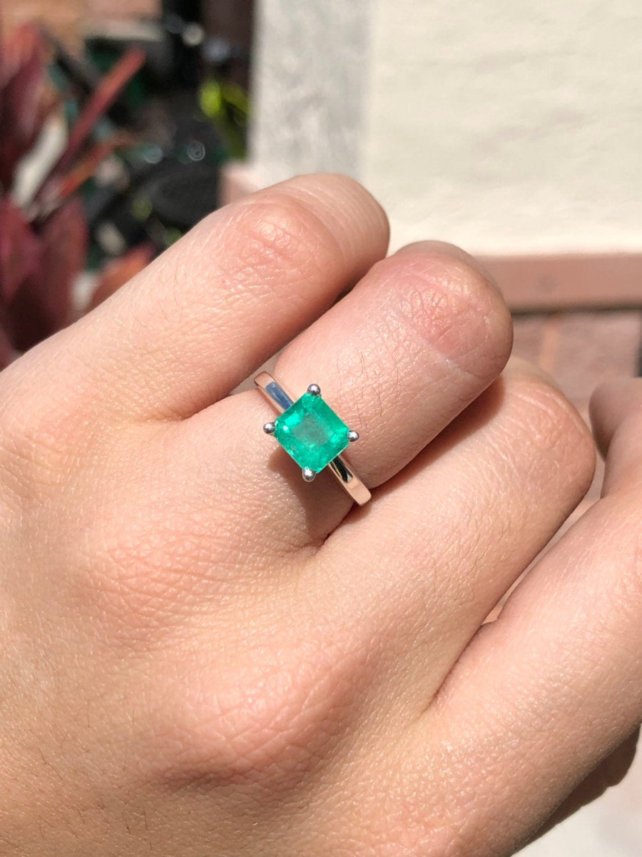 2.0 Carat Natural Emerald Cut Emerald Solitaire Silver Ring East to West