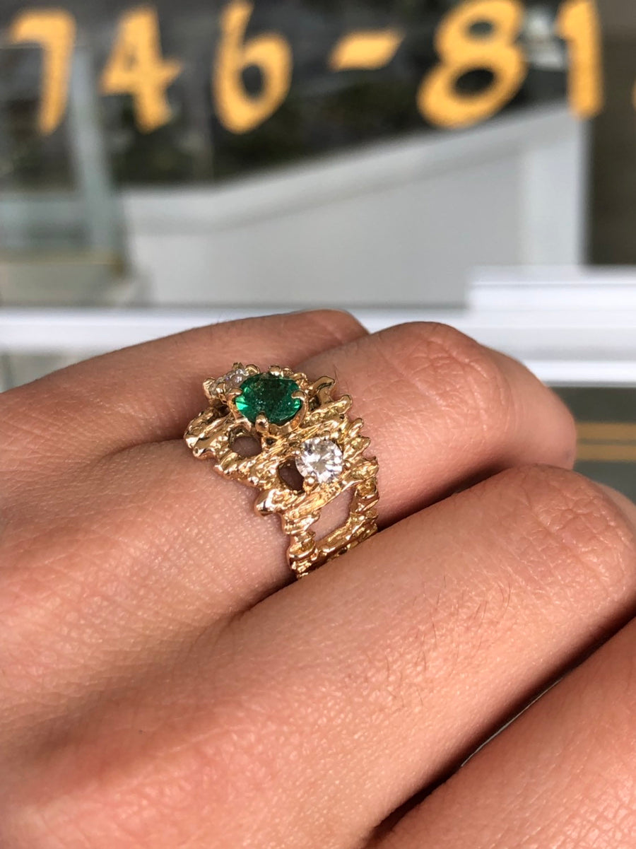1.54tcw Genuine Green circle Emerald & Diamonds Three Stone Nugget Ring 14K