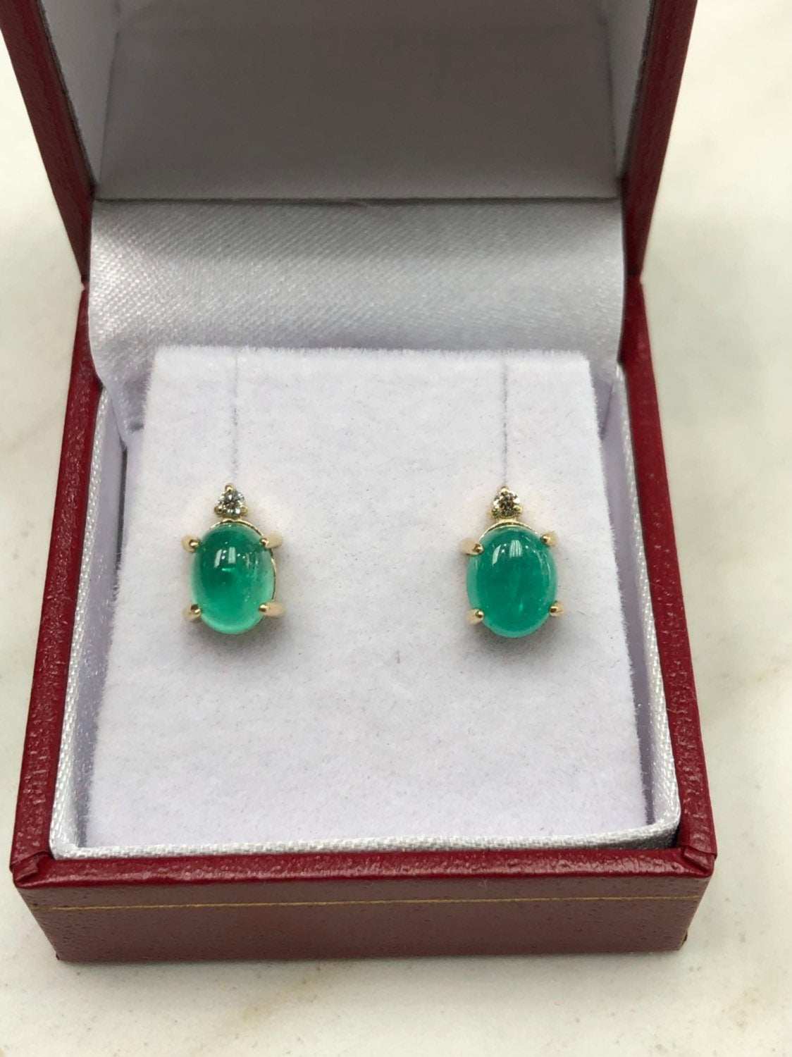 3.10tcw Cabochon Emerald & Diamond Stud
