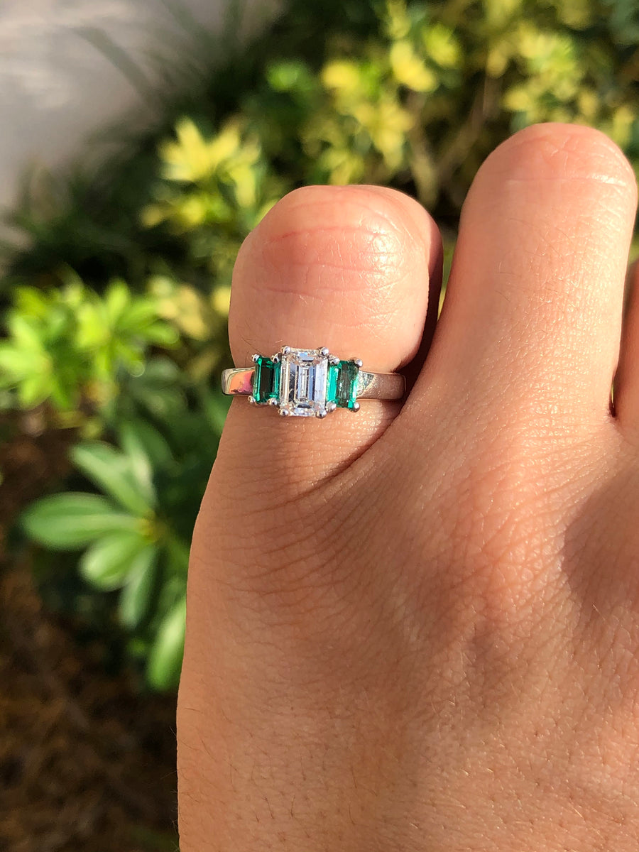 Classic Three Stone Diamond & Emerald Engagement Ring