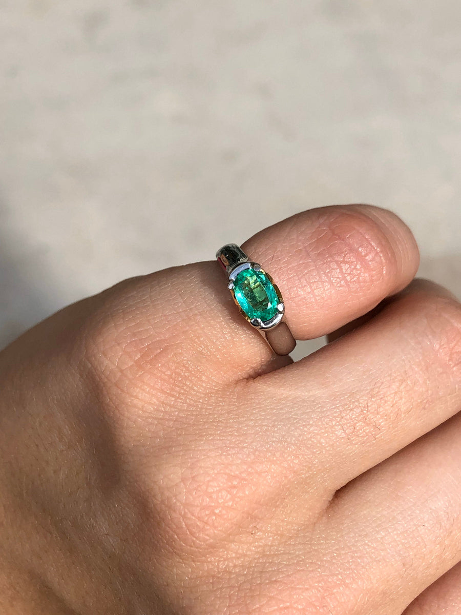 Oval Emerald East to West Solitaire Ring 18K & Platinum