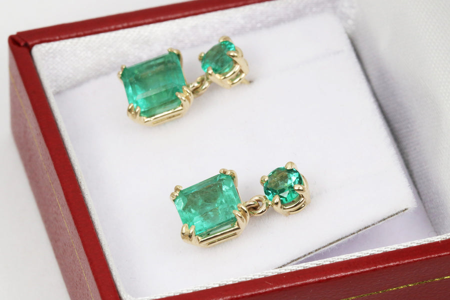 3.20tcw Natural Rich Green Emerald Asscher and Round Dangle Stud 14k solid gold