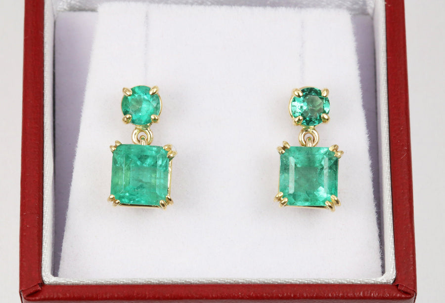 3.20tcw Natural Rich Green Emerald Asscher and Round Dangle Stud Earrings 14K