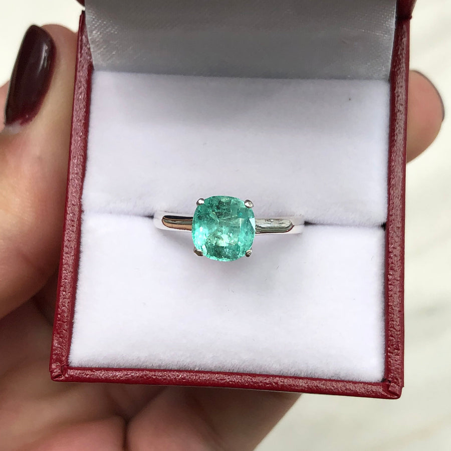 Solitaire Colombian Emerald Cut Silver Engagement Ring