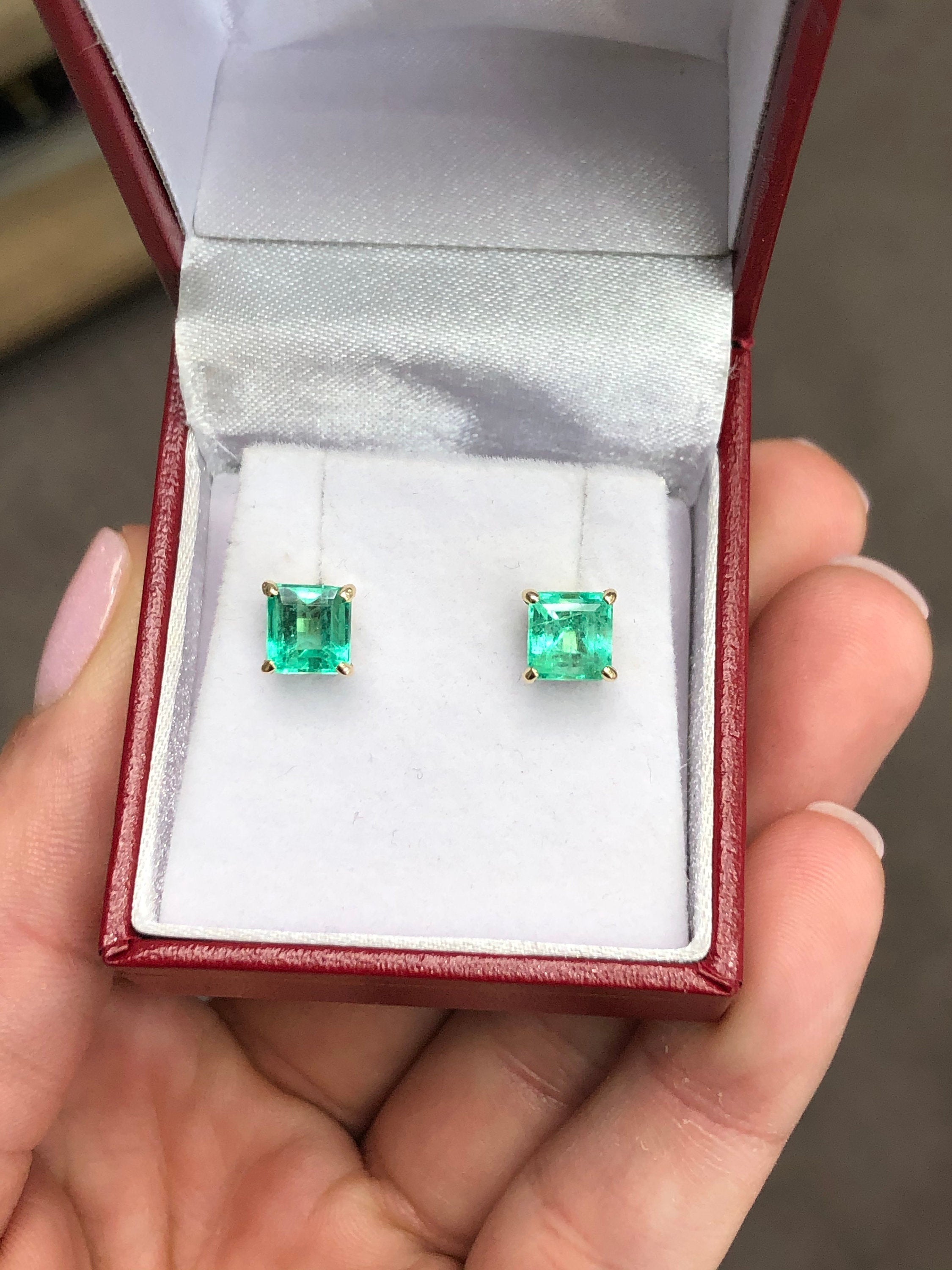 2.50tcw Classic Square Cut Colombian Emerald Stud Earrings 14K