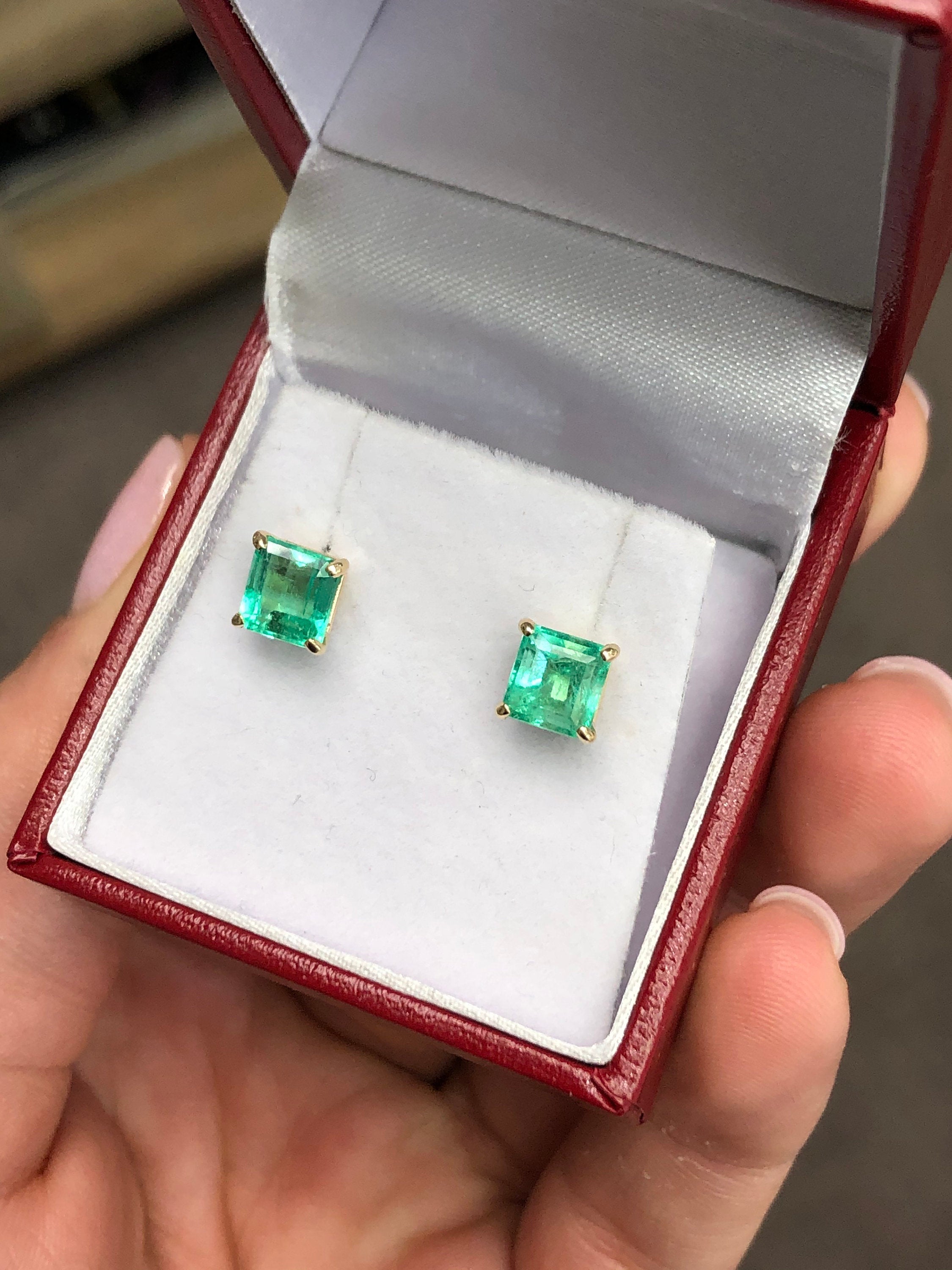 Cut Colombian Emerald Stud Earrings 14K