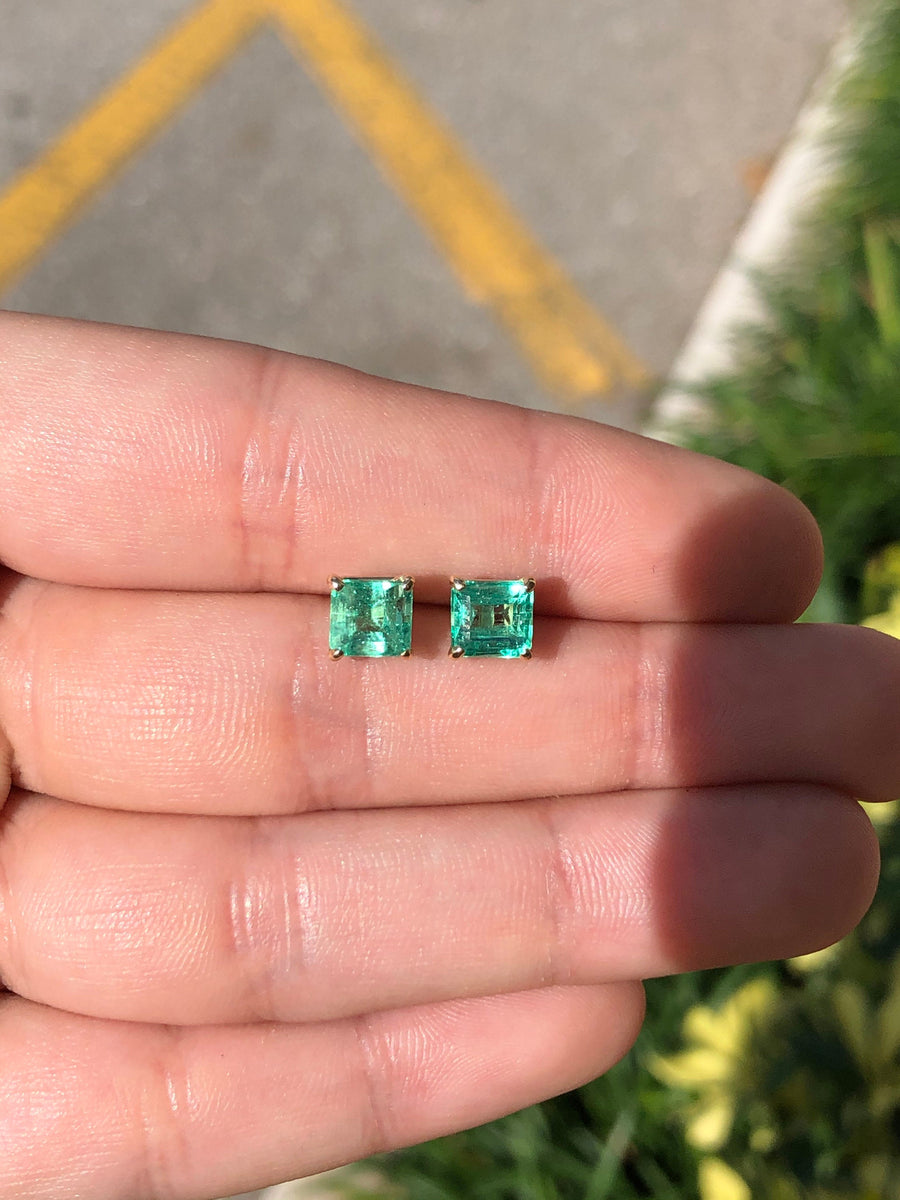 Square Cut Colombian Emerald Stud Earrings 14K