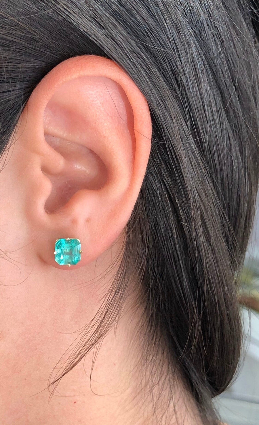 3.44 Carats Colombian Emerald Asscher Cut Prong Stud Earrings Yellow Gold