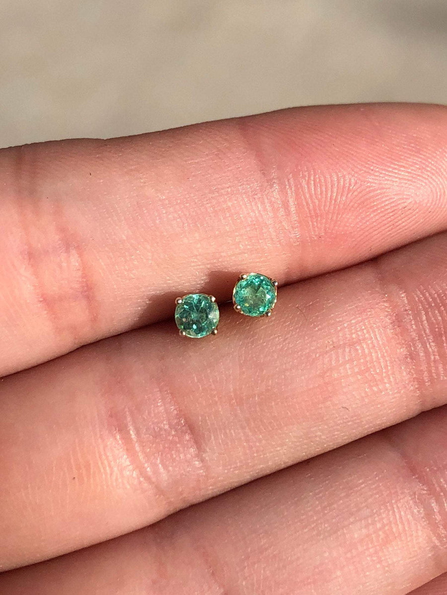 Natural Emerald Round Stud Earrings 14K