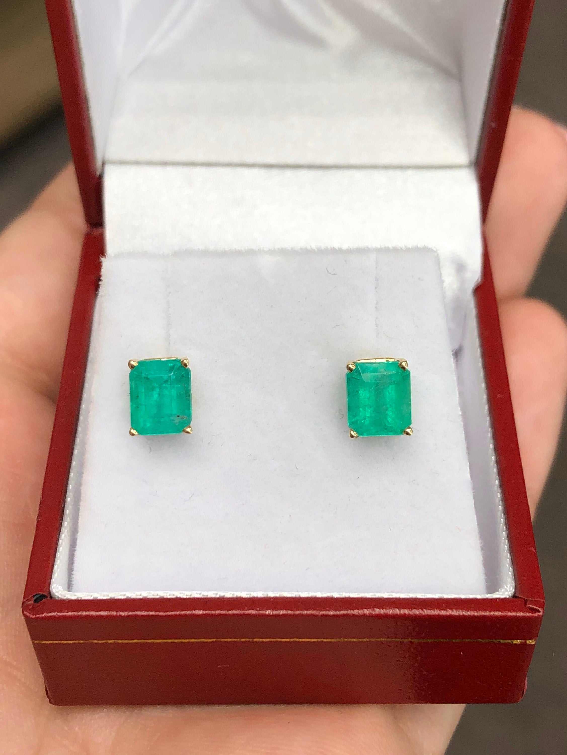 2.29tcw Emerald Cut Emerald Four Prong Studs Yellow Gold 14K