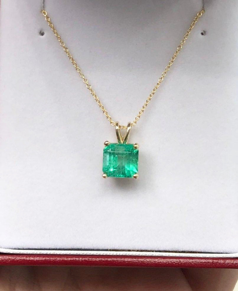 2.10 Carat Colombian Emerald Asscher Cut Solitaire Pendant 14K