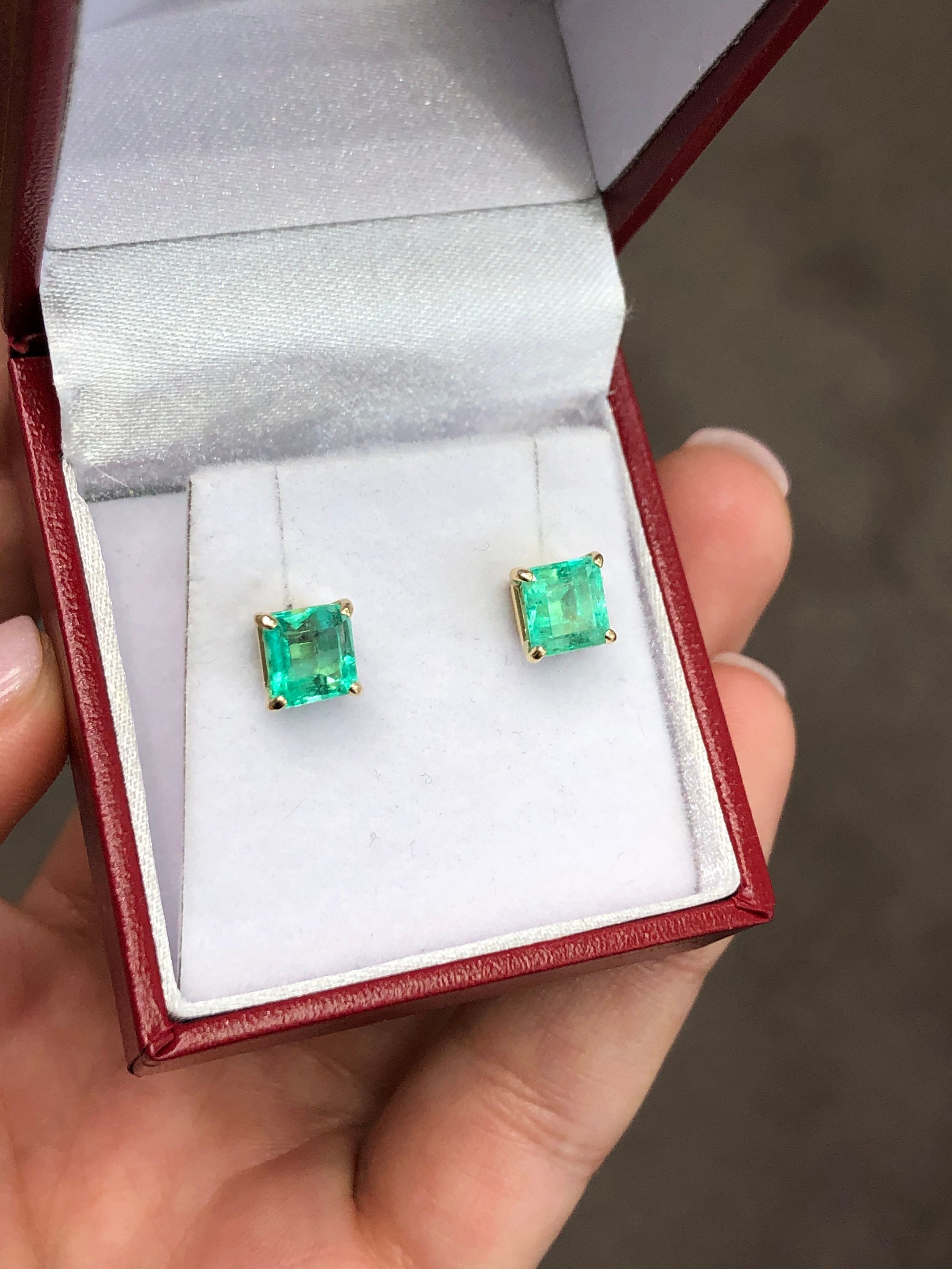 2.50tcw Classic Square Cut Colombian Emerald Stud