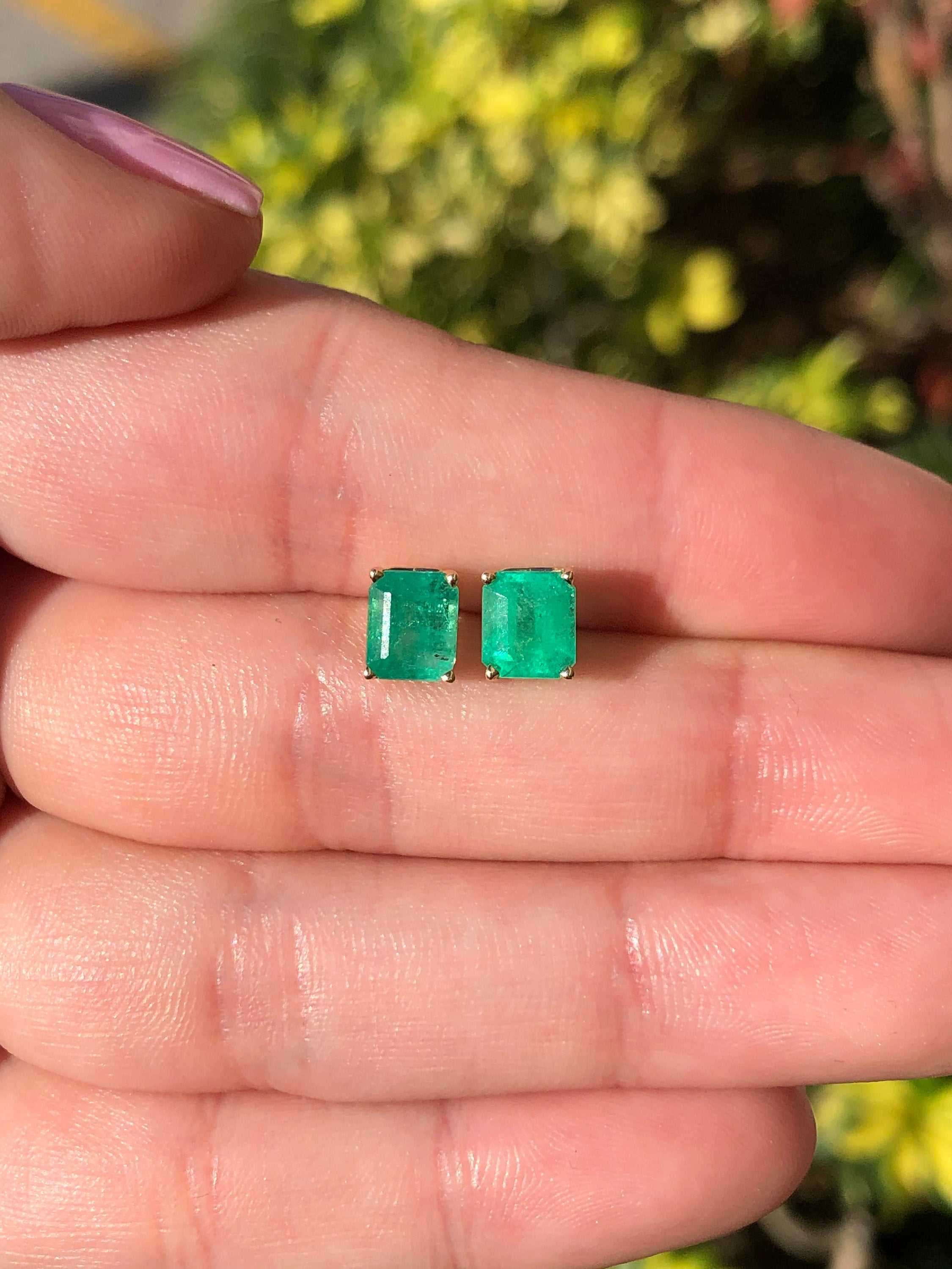 Emerald Cut Emerald Four Prong Studs Yellow Gold