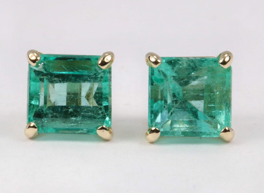 2.50tcw Classic Square Cut Colombian Emerald Stud Earrings 14K