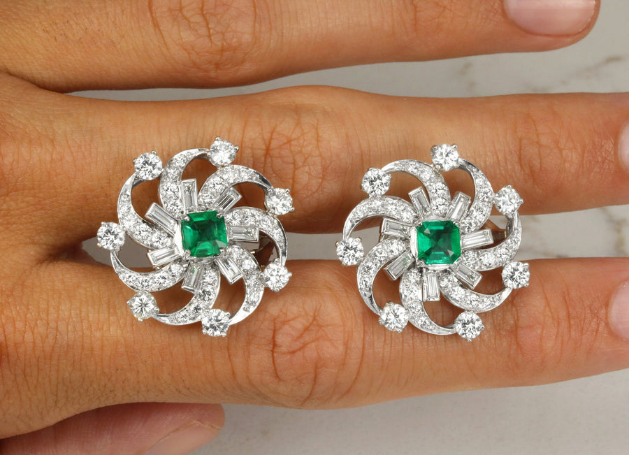 6.70tcw PLAT AAA+ Colombian Emerald-Emerald Cut & Diamond Omega Earrings