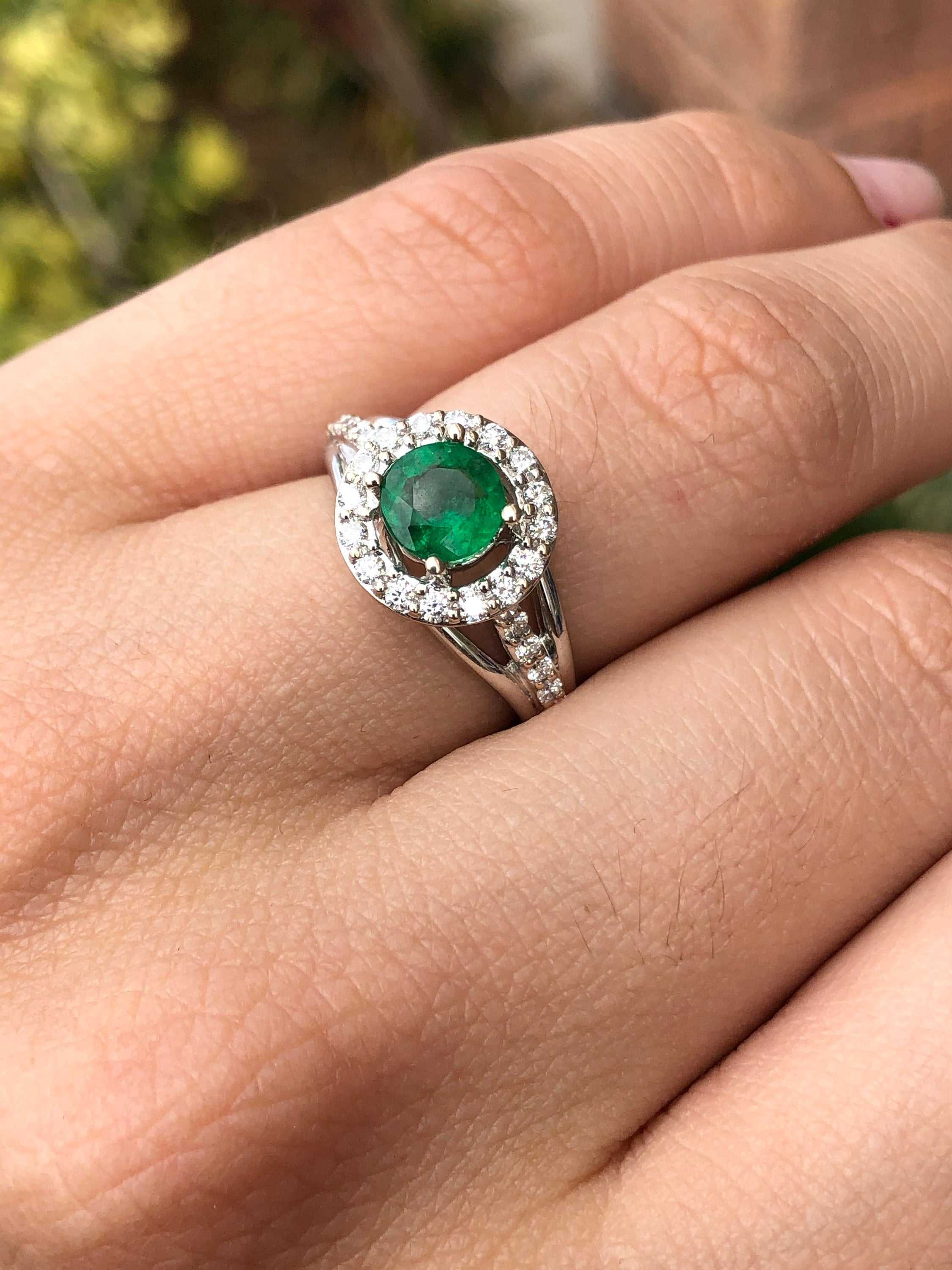 1.32tcw Natural Emerald & Diamond Halo Engagement Ring 14K